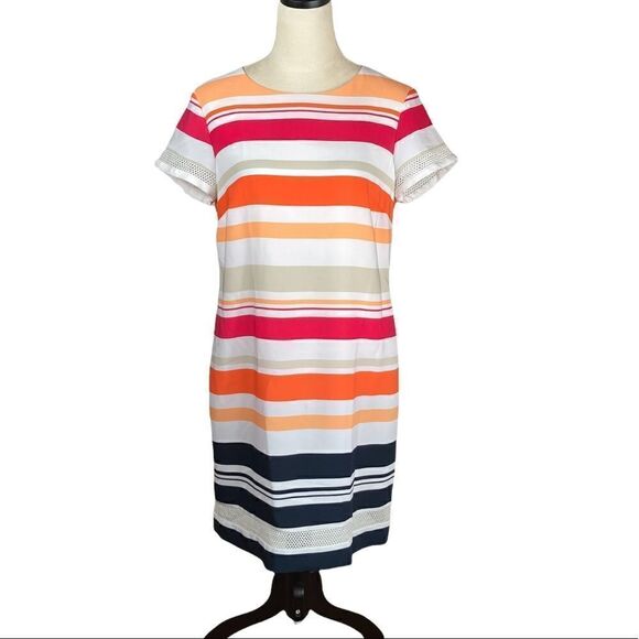 Jones New York orange, pink and  navy striped short sleeve dress, size 10 - Picture 2 of 8